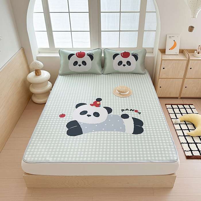 91家纺网 家纺一手货源 找家纺 RYB红黄兰 2025新款INS原创超萌卡通大版碳光冰丝凉席三明治空调席三件套席子 绿格熊猫