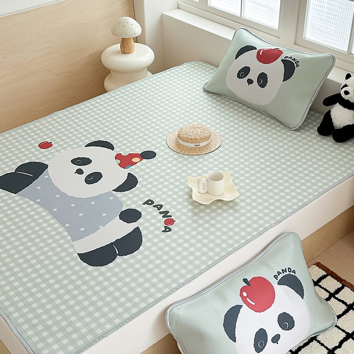 91家纺网 家纺一手货源 找家纺 RYB红黄兰 2025新款INS原创超萌卡通大版碳光冰丝凉席三明治空调席三件套席子 绿格熊猫