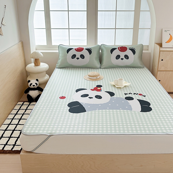 91家纺网 家纺一手货源 找家纺 RYB红黄兰 2025新款INS原创超萌卡通大版碳光冰丝凉席三明治空调席三件套席子 绿格熊猫