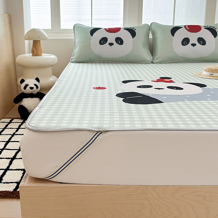 91家纺网 家纺一手货源 找家纺 RYB红黄兰 2025新款INS原创超萌卡通大版碳光冰丝凉席三明治空调席三件套席子 绿格熊猫