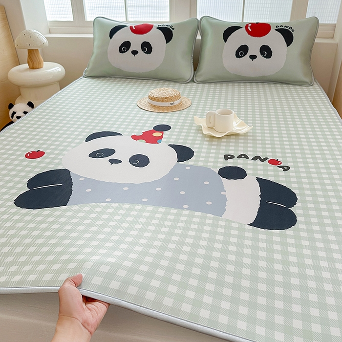 91家纺网 家纺一手货源 找家纺 RYB红黄兰 2025新款INS原创超萌卡通大版碳光冰丝凉席三明治空调席三件套席子 绿格熊猫