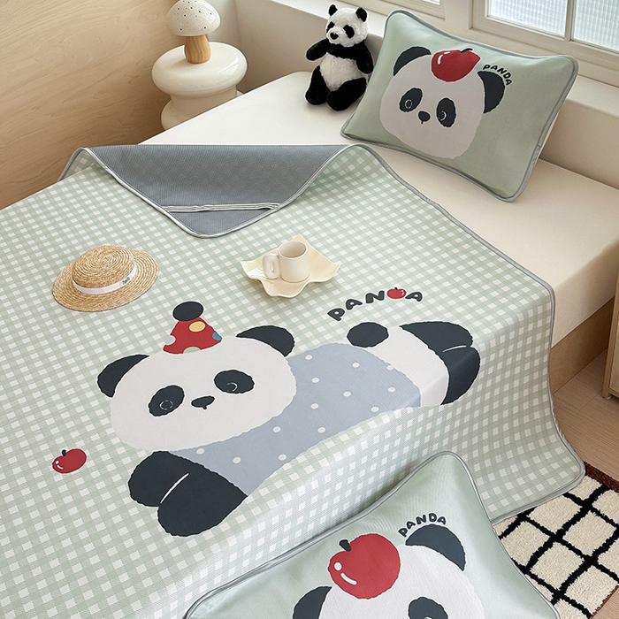 91家纺网 家纺一手货源 找家纺 RYB红黄兰 2025新款INS原创超萌卡通大版碳光冰丝凉席三明治空调席三件套席子 绿格熊猫