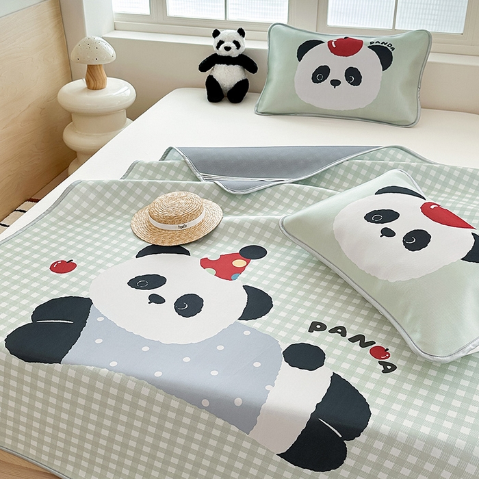 91家纺网 家纺一手货源 找家纺 RYB红黄兰 2025新款INS原创超萌卡通大版碳光冰丝凉席三明治空调席三件套席子 绿格熊猫