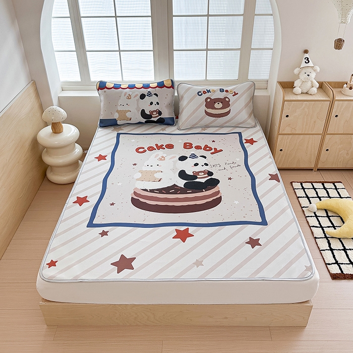 91家纺网 家纺一手货源 找家纺 RYB红黄兰 2025新款INS原创超萌卡通大版碳光冰丝凉席三明治空调席三件套席子 甜品屋