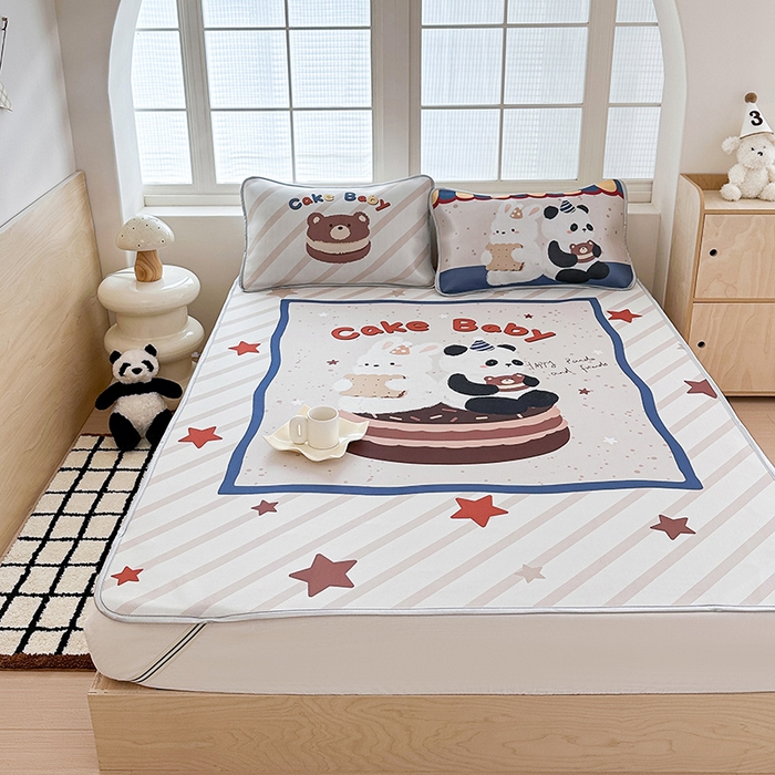 91家纺网 家纺一手货源 找家纺 RYB红黄兰 2025新款INS原创超萌卡通大版碳光冰丝凉席三明治空调席三件套席子 甜品屋