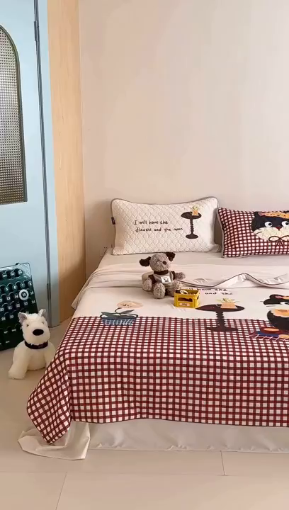 91家纺网 家纺一手货源 找家纺 RYB红黄兰 A类2025新款INS原创大版卡通锦氨冰皮夏被夏凉被空调被 红格猫咪