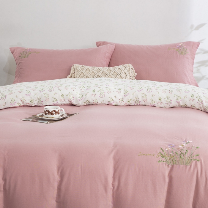 91家纺网 家纺一手货源 找家纺 鲁爱家纺供货 2025新款全棉双层纱绣花四件套 初语-贵妃粉