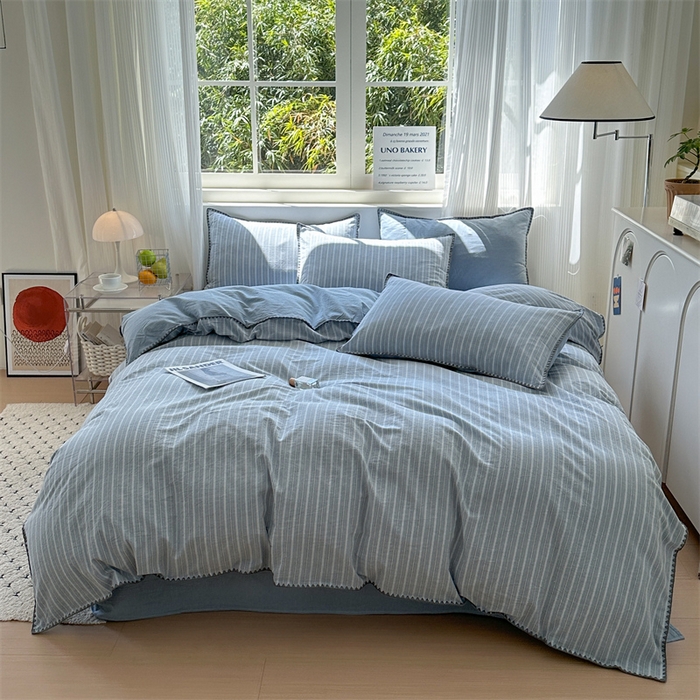 91家纺网 家纺一手货源 找家纺 （总）晚依家纺 2025新款A类全棉色织水洗棉被套单件格子条纹四件套学生宿舍被罩三件套定制定做