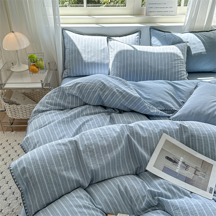 91家纺网 家纺一手货源 找家纺 （总）晚依家纺 2025新款A类全棉色织水洗棉被套单件格子条纹四件套学生宿舍被罩三件套定制定做