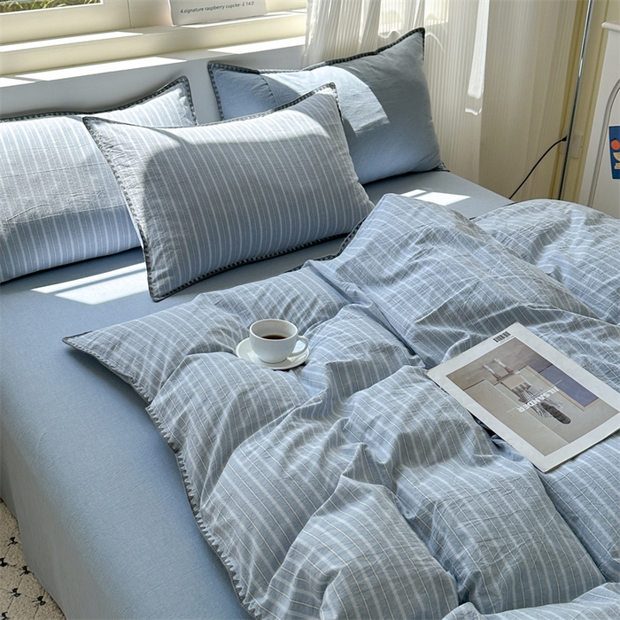 91家纺网 家纺一手货源 找家纺 （总）晚依家纺 2025新款A类全棉色织水洗棉被套单件格子条纹四件套学生宿舍被罩三件套定制定做