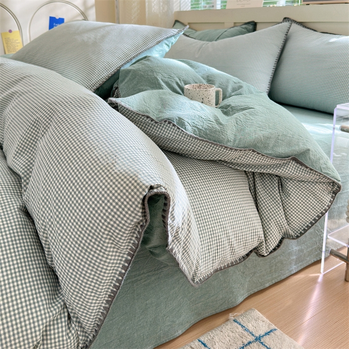 91家纺网 家纺一手货源 找家纺 晚依家纺 2025新款A类全棉色织水洗棉被套单件格子条纹四件套学生宿舍被罩三件套定制定做 遇见-草绿
