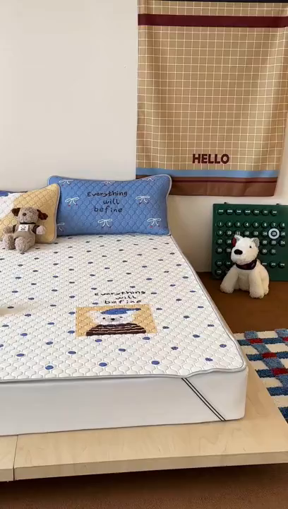 91家纺网 家纺一手货源 找家纺 RYB红黄兰 2025ins原创新款设计师款大版凉感水洗乳胶凉席三件套 波点熊仔