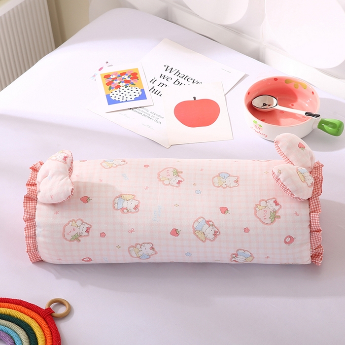 91家纺网 家纺一手货源 找家纺 蔻眠 直播爆款田园兔-全棉双层纱荞麦枕芯卡通儿童学生成人护颈枕 田园兔-开心猫粉 20x50cm