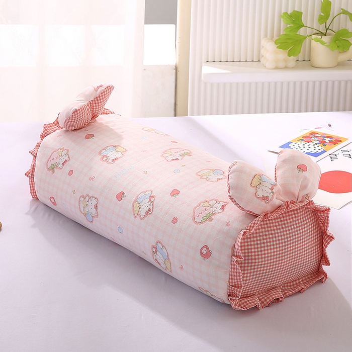 91家纺网 家纺一手货源 找家纺 蔻眠 直播爆款田园兔-全棉双层纱荞麦枕芯卡通儿童学生成人护颈枕 田园兔-开心猫粉 20x50cm