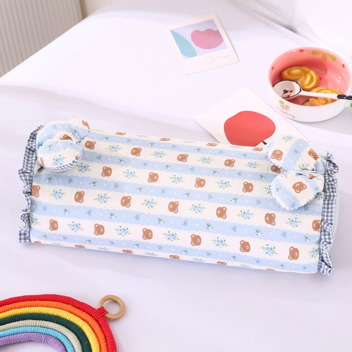 91家纺网 家纺一手货源 找家纺 蔻眠 直播爆款田园兔-全棉双层纱荞麦枕芯卡通儿童学生成人护颈枕 田园兔-小熊蓝 20x50cm