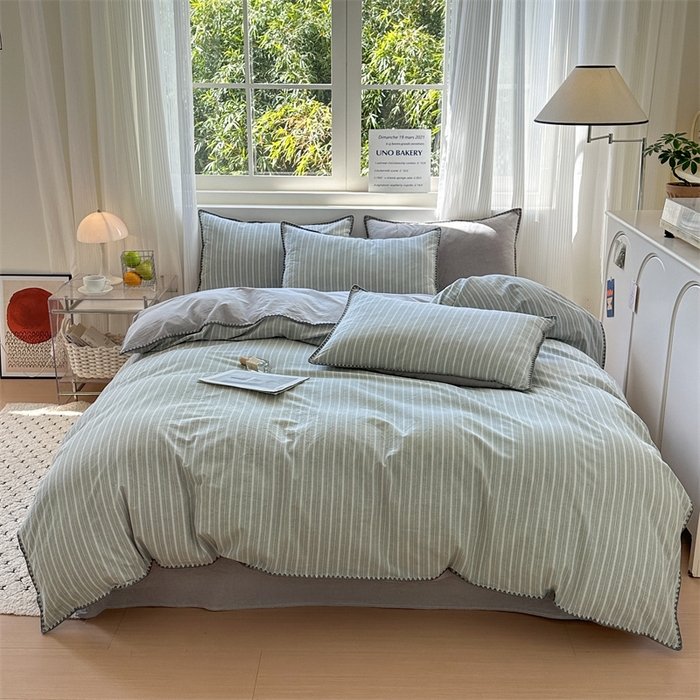 91家纺网 家纺一手货源 找家纺 晚依家纺 2025新款A类全棉色织水洗棉被套单件格子条纹四件套学生宿舍被罩三件套定制定做 乐事-绿灰