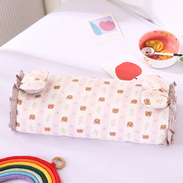 91家纺网 家纺一手货源 找家纺 蔻眠 直播爆款田园兔-全棉双层纱荞麦枕芯卡通儿童学生成人护颈枕 田园兔-小熊粉 20x50cm