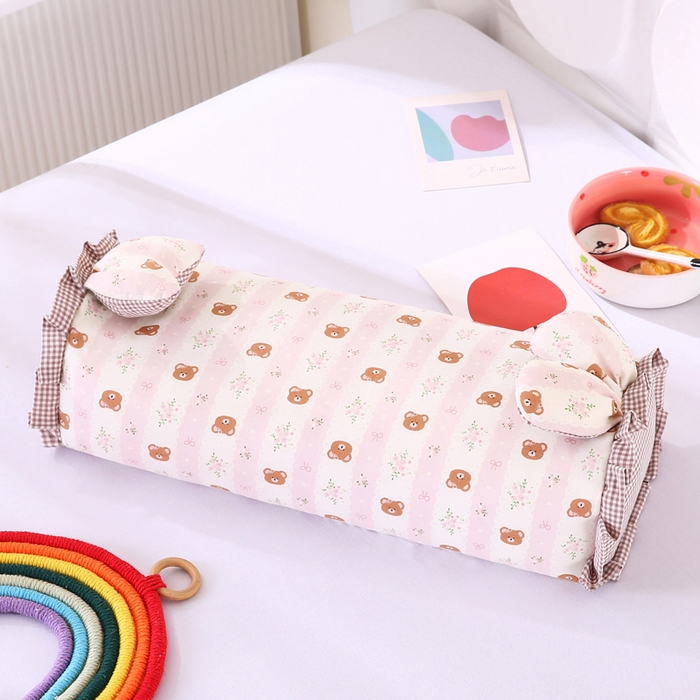 91家纺网 家纺一手货源 找家纺 蔻眠 直播爆款田园兔-全棉双层纱荞麦枕芯卡通儿童学生成人护颈枕 田园兔-小熊粉 20x50cm