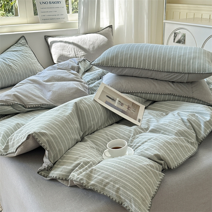 91家纺网 家纺一手货源 找家纺 晚依家纺 2025新款A类全棉色织水洗棉被套单件格子条纹四件套学生宿舍被罩三件套定制定做 乐事-绿灰