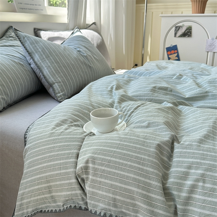91家纺网 家纺一手货源 找家纺 晚依家纺 2025新款A类全棉色织水洗棉被套单件格子条纹四件套学生宿舍被罩三件套定制定做 乐事-绿灰