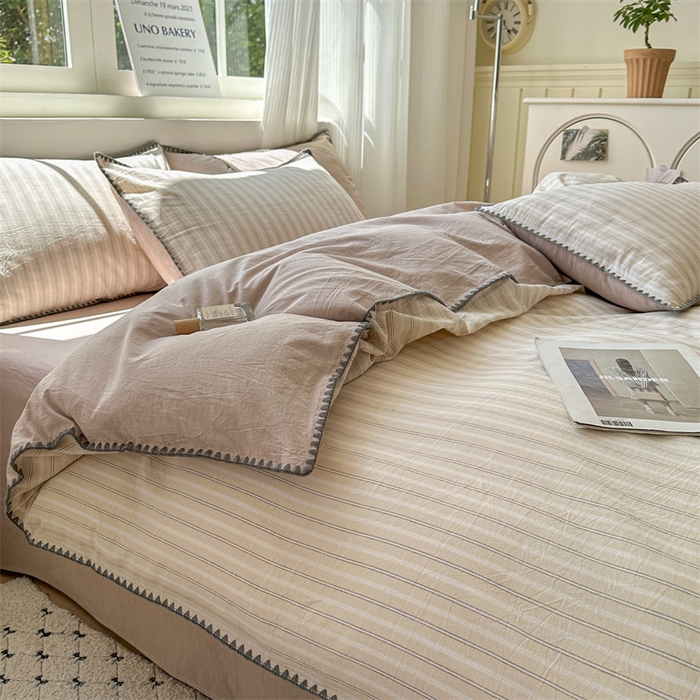 91家纺网 家纺一手货源 找家纺 晚依家纺 2025新款A类全棉色织水洗棉被套单件格子条纹四件套学生宿舍被罩三件套定制定做 乐事-米杏