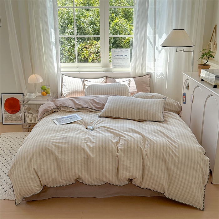 91家纺网 家纺一手货源 找家纺 晚依家纺 2025新款A类全棉色织水洗棉被套单件格子条纹四件套学生宿舍被罩三件套定制定做 乐事-米杏