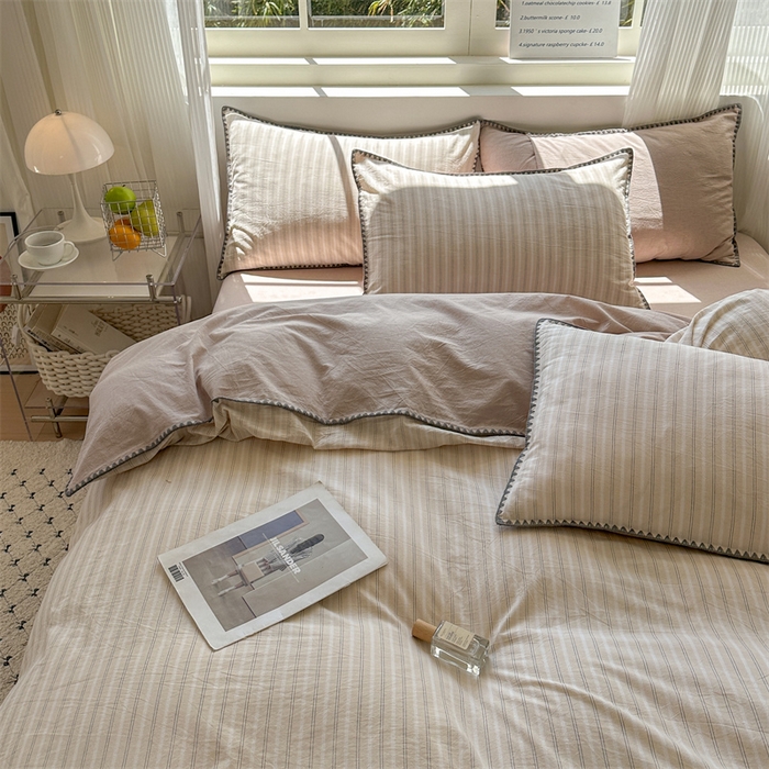 91家纺网 家纺一手货源 找家纺 晚依家纺 2025新款A类全棉色织水洗棉被套单件格子条纹四件套学生宿舍被罩三件套定制定做 乐事-米杏