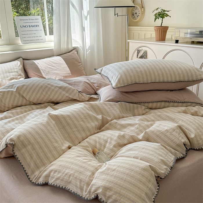 91家纺网 家纺一手货源 找家纺 晚依家纺 2025新款A类全棉色织水洗棉被套单件格子条纹四件套学生宿舍被罩三件套定制定做 乐事-米杏