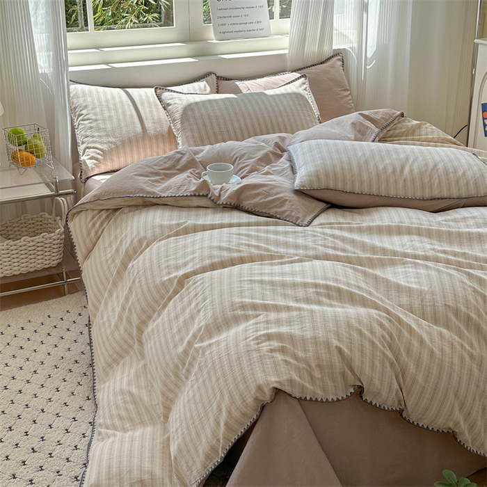 91家纺网 家纺一手货源 找家纺 晚依家纺 2025新款A类全棉色织水洗棉被套单件格子条纹四件套学生宿舍被罩三件套定制定做 乐事-米杏