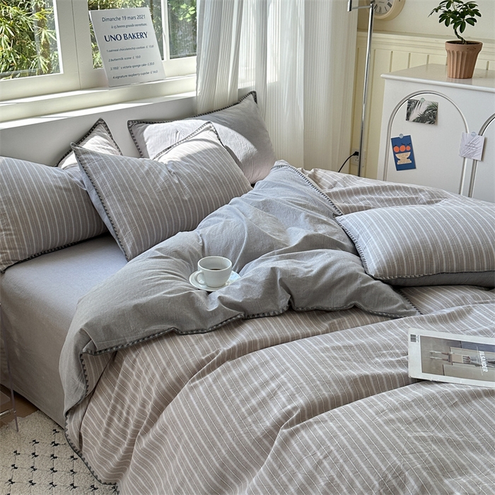 91家纺网 家纺一手货源 找家纺 晚依家纺 2025新款A类全棉色织水洗棉被套单件格子条纹四件套学生宿舍被罩三件套定制定做 乐事-浅灰