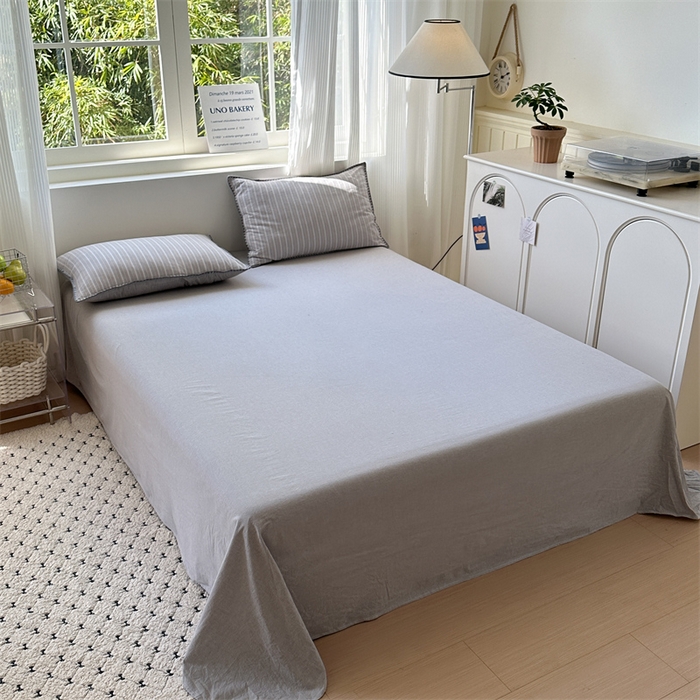 91家纺网 家纺一手货源 找家纺 晚依家纺 2025新款A类全棉色织水洗棉被套单件格子条纹四件套学生宿舍被罩三件套定制定做 乐事-浅灰