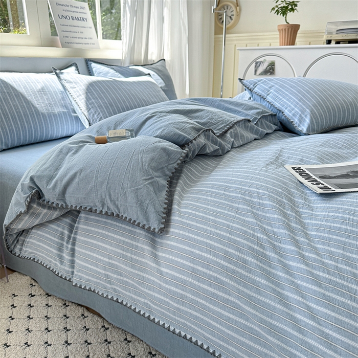 91家纺网 家纺一手货源 找家纺 晚依家纺 2025新款A类全棉色织水洗棉被套单件格子条纹四件套学生宿舍被罩三件套定制定做 乐事-浅蓝