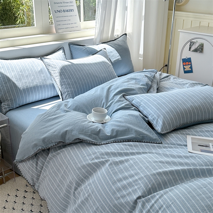 91家纺网 家纺一手货源 找家纺 晚依家纺 2025新款A类全棉色织水洗棉被套单件格子条纹四件套学生宿舍被罩三件套定制定做 乐事-浅蓝
