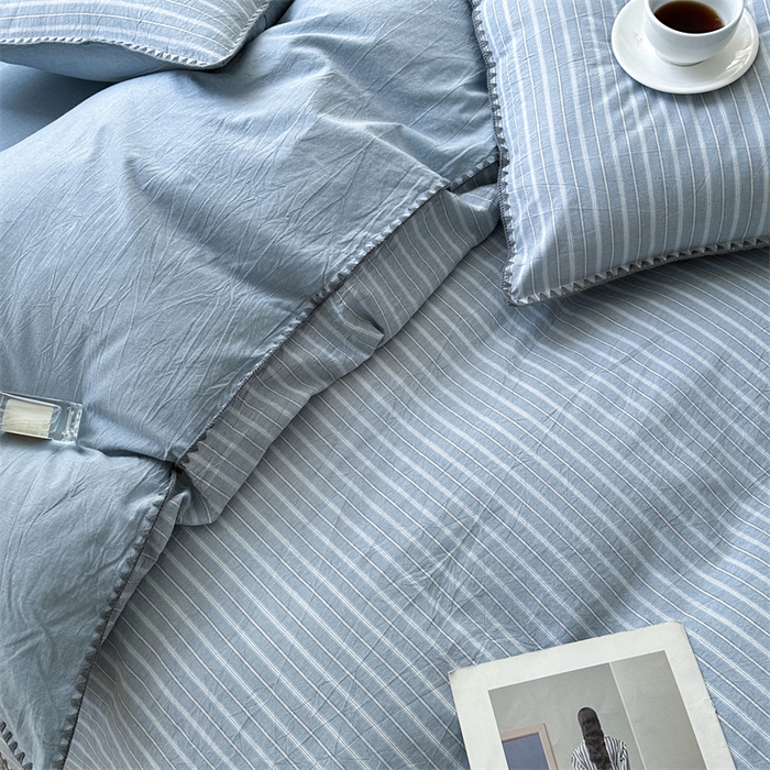 91家纺网 家纺一手货源 找家纺 晚依家纺 2025新款A类全棉色织水洗棉被套单件格子条纹四件套学生宿舍被罩三件套定制定做 乐事-浅蓝