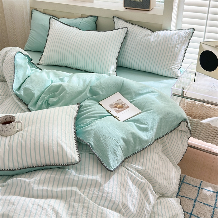 91家纺网 家纺一手货源 找家纺 晚依家纺 2025新款A类全棉色织水洗棉被套单件格子条纹四件套学生宿舍被罩三件套定制定做 诺言-蓝