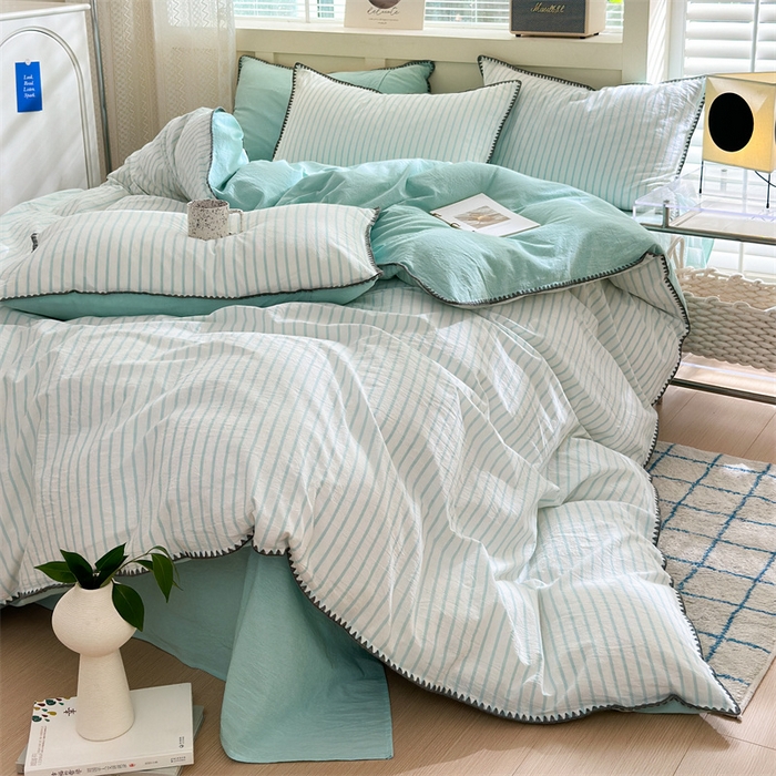 91家纺网 家纺一手货源 找家纺 晚依家纺 2025新款A类全棉色织水洗棉被套单件格子条纹四件套学生宿舍被罩三件套定制定做 诺言-蓝