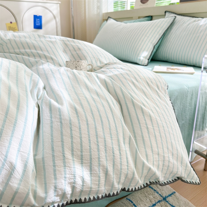 91家纺网 家纺一手货源 找家纺 晚依家纺 2025新款A类全棉色织水洗棉被套单件格子条纹四件套学生宿舍被罩三件套定制定做 诺言-蓝