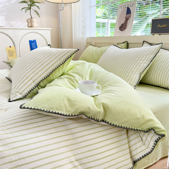 91家纺网 家纺一手货源 找家纺 晚依家纺 2025新款A类全棉色织水洗棉被套单件格子条纹四件套学生宿舍被罩三件套定制定做 诺言-绿