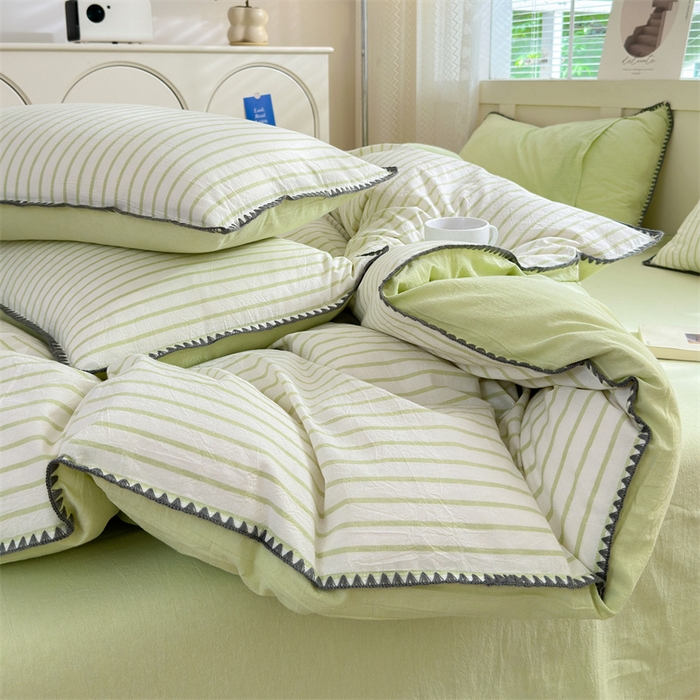 91家纺网 家纺一手货源 找家纺 晚依家纺 2025新款A类全棉色织水洗棉被套单件格子条纹四件套学生宿舍被罩三件套定制定做 诺言-绿
