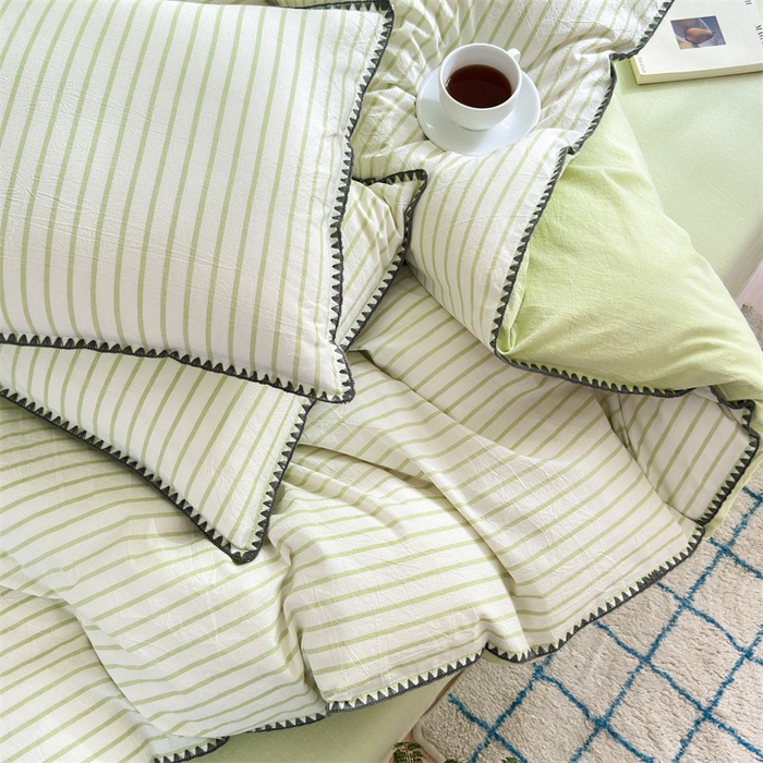 91家纺网 家纺一手货源 找家纺 晚依家纺 2025新款A类全棉色织水洗棉被套单件格子条纹四件套学生宿舍被罩三件套定制定做 诺言-绿