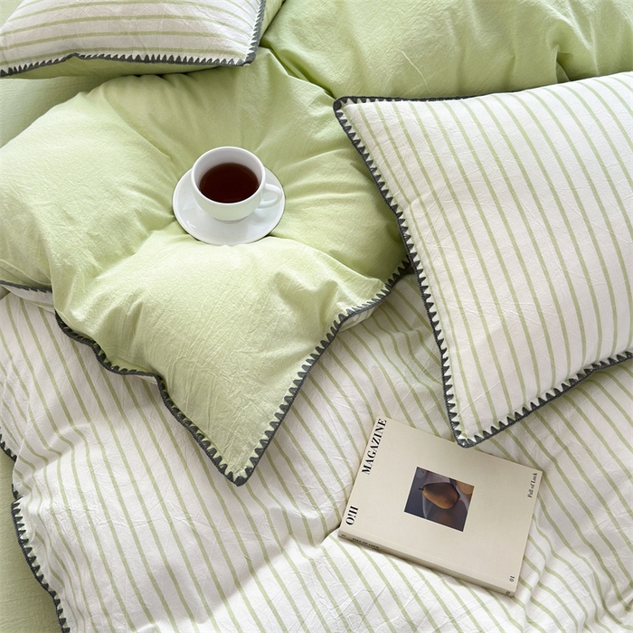 91家纺网 家纺一手货源 找家纺 晚依家纺 2025新款A类全棉色织水洗棉被套单件格子条纹四件套学生宿舍被罩三件套定制定做 诺言-绿