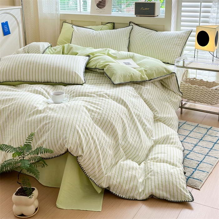 91家纺网 家纺一手货源 找家纺 晚依家纺 2025新款A类全棉色织水洗棉被套单件格子条纹四件套学生宿舍被罩三件套定制定做 诺言-绿
