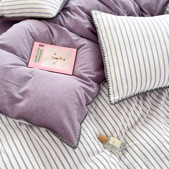 91家纺网 家纺一手货源 找家纺 晚依家纺 2025新款A类全棉色织水洗棉被套单件格子条纹四件套学生宿舍被罩三件套定制定做 诺言-紫