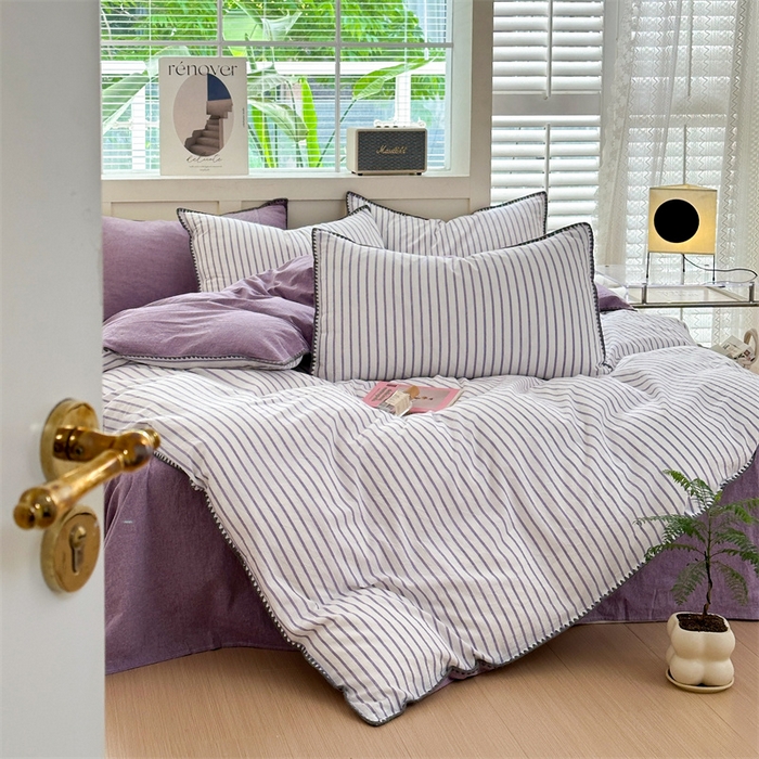 91家纺网 家纺一手货源 找家纺 晚依家纺 2025新款A类全棉色织水洗棉被套单件格子条纹四件套学生宿舍被罩三件套定制定做 诺言-紫