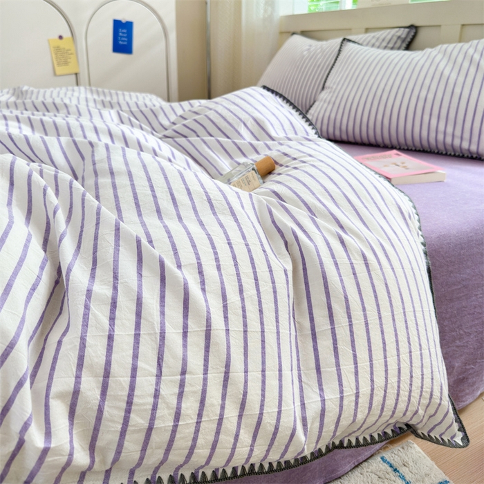91家纺网 家纺一手货源 找家纺 晚依家纺 2025新款A类全棉色织水洗棉被套单件格子条纹四件套学生宿舍被罩三件套定制定做 诺言-紫