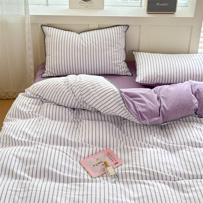 91家纺网 家纺一手货源 找家纺 晚依家纺 2025新款A类全棉色织水洗棉被套单件格子条纹四件套学生宿舍被罩三件套定制定做 诺言-紫