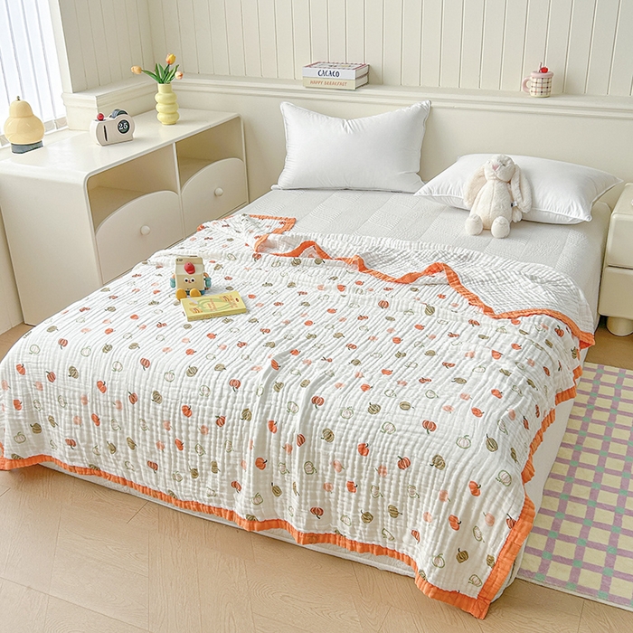 91家纺网 家纺一手货源 找家纺 萌飞 2025新款全棉纯棉六层纱布泡泡纱布毛巾被夏凉被空调被 缤纷果园