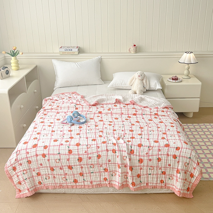 91家纺网 家纺一手货源 找家纺 萌飞 2025新款全棉纯棉六层纱布泡泡纱布毛巾被夏凉被空调被 粉草莓