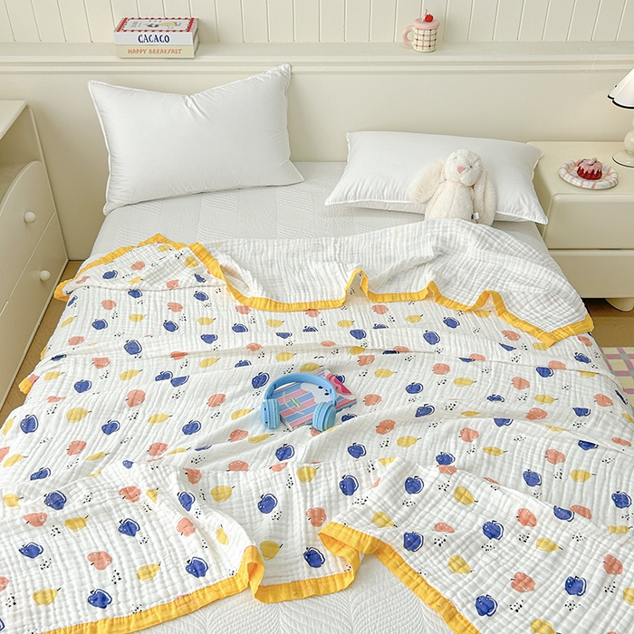 91家纺网 家纺一手货源 找家纺 萌飞 2025新款全棉纯棉六层纱布泡泡纱布毛巾被夏凉被空调被 果园飘香