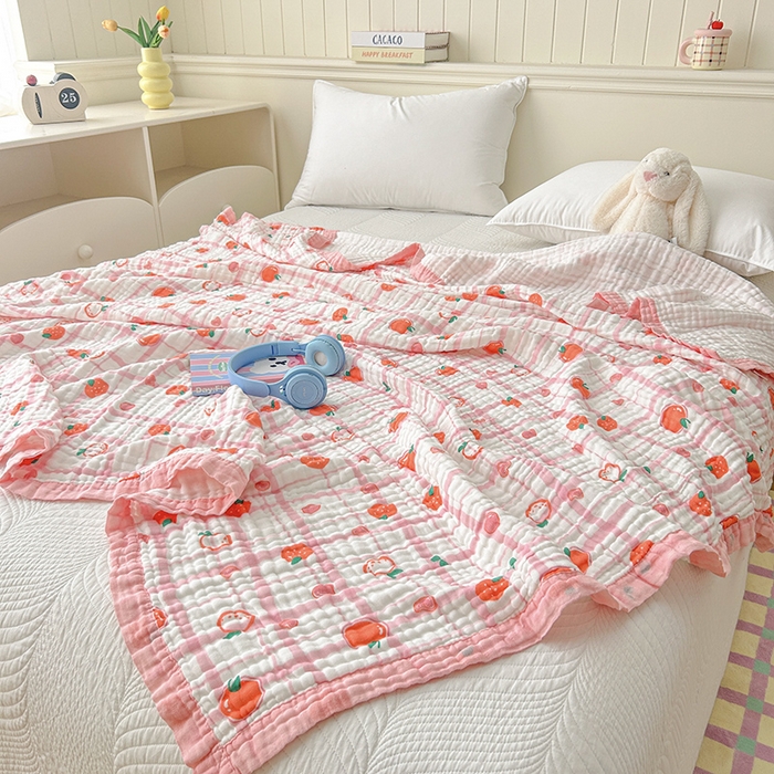 91家纺网 家纺一手货源 找家纺 萌飞 2025新款全棉纯棉六层纱布泡泡纱布毛巾被夏凉被空调被 粉草莓